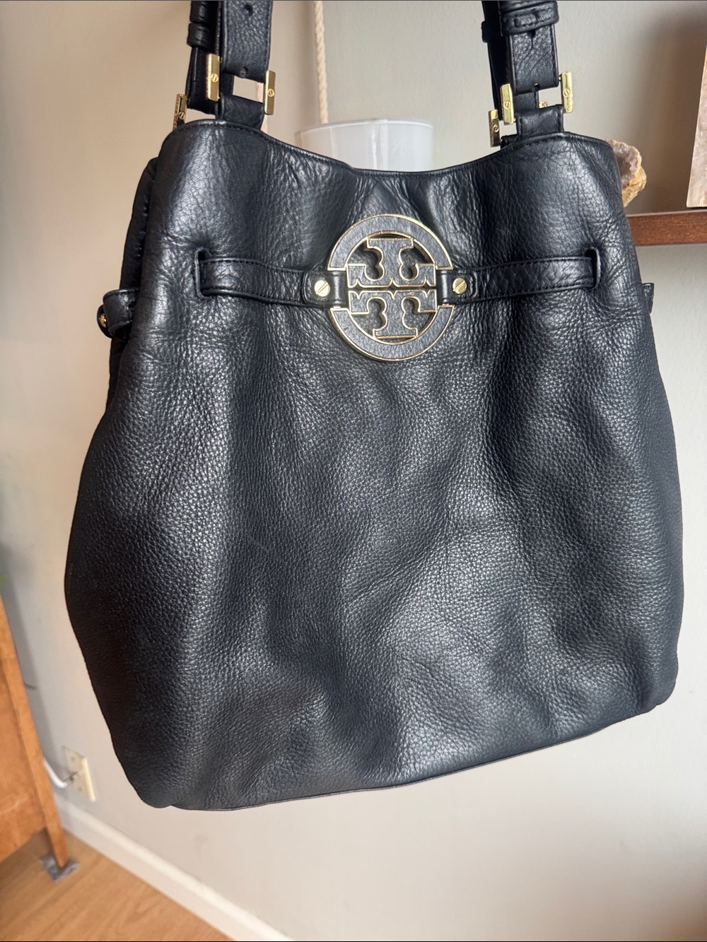 Tory Burch Black Pebbled Leather Shoulder Bag with Gold Logo